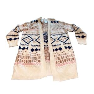 SERRA Pink Blue Tan Cream Tribal Aztec Long Sleeve Cardigan Pockets Size Large